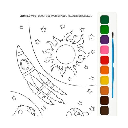Livro De Colorir Infantil Espacial Com Aquarela 10 Cores