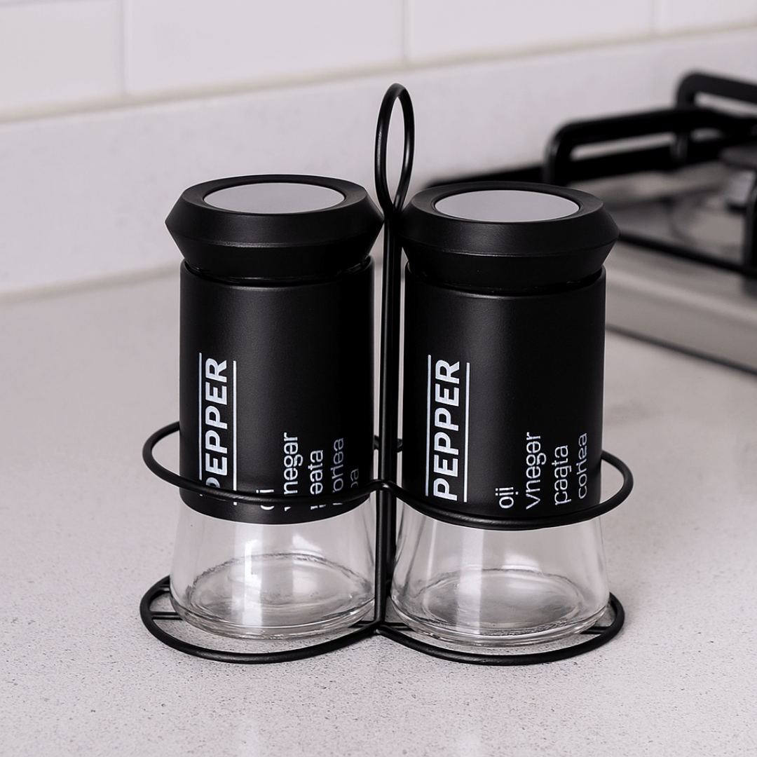 Porta Condimentos de Vidro com Suporte Sancho Preto